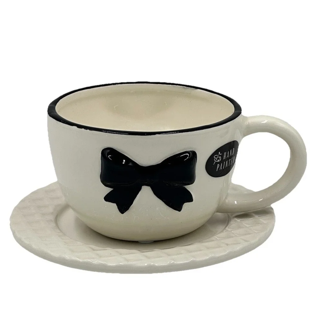 Parisian Black Bow Cup & Saucer Set Hand Painted Ceramic Valentine Gift